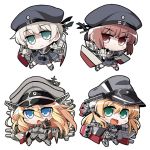  4girls akaneya anchor_hair_ornament bare_shoulders beret bismarck_(kantai_collection) black_legwear blonde_hair blue_eyes bottomless breasts brown_eyes brown_hair cannon chestplate chibi clothes_writing detached_sleeves dress gloves grey_legwear hat kantai_collection long_hair long_sleeves microskirt military military_hat military_uniform multiple_girls open_mouth peaked_cap prinz_eugen_(kantai_collection) sailor_collar sailor_collared sailor_dress sailor_hat short_hair silver_hair skirt smile thigh-highs torpedo turret twintails uniform white_gloves z1_leberecht_maass_(kantai_collection) z3_max_schultz_(kantai_collection) 