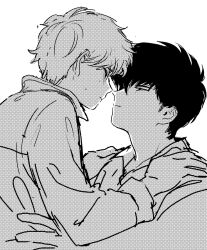 2boys black_hair commentary_request ganbare!_nakamura-kun!! hirose_aiki hug looking_at_another multiple_boys otogiri_sou shundei_(enig) sketch teacher_and_student white_background