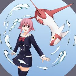  1girl absurdres black_dress black_jacket black_thighhighs bow chaos;child chest_bow commentary_request cropped_jacket dress happy hekiho_academy_school_uniform highres jacket long_sleeves onoe_serika open_mouth otsukanolich outstretched_arms pink_eyes pink_hair pokemon pokemon_(creature) pokemon_request red_bow sailor_collar school_uniform science_adventure short_dress short_hair_with_long_locks smile teeth thigh-highs tongue upper_teeth_only white_sailor_collar white_trim zettai_ryouiki 