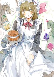  1girl :3 apron bad_id bad_pixiv_id black_dress blush bow bowtie bright_pupils brown_eyes brown_hair cake chinese_commentary closed_mouth commentary cowboy_shot cupcake dinosaur double-parted_bangs dress food ge_dazuo hair_between_eyes hat highres holding holding_plate long_sleeves looking_at_viewer maid mob_cap original plate red_bow red_bowtie short_hair solo white_apron white_hat white_pupils 