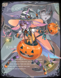  1boy antennae awii cape eyepatch full_body halloween halloween_costume hat head_wings holding holding_scepter insect_wings jack-o'-lantern looking_at_viewer low_wings male_focus multiple_wings orange_eyes orange_vest original pumpkin_costume purple_hair scepter short_hair solo striped_clothes striped_thighhighs suspenders thigh-highs vest wings witch_hat zoom_layer 