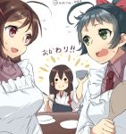  3girls :d :i ahoge akagi_(kantai_collection) black_hair blush blush_stickers bow bowl brown_eyes brown_hair chopsticks eating flying_sweatdrops green_eyes hair_bow hair_ornament hair_ribbon irako_(kantai_collection) japanese_clothes kantai_collection kappougi long_hair mamiya_(kantai_collection) maruki_(punchiki) multiple_girls muneate open_mouth plate ponytail ribbon rice_bowl rice_spoon smile solid_circle_eyes sweatdrop tasuki translated tray twitter_username wavy_mouth 