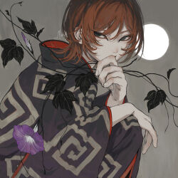  1boy absurdres androgynous commentary flower full_moon highres leaf moon orange_hair original purple_flower shimizu_en_(shimizuen3310) signature solo 