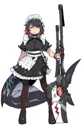  1girl absurdres collar commentary danmug58 ellen_joe hair_ornament hairband hairclip highres maid metal_collar metal_hairband red_eyes shark_girl shoes weapon zenless_zone_zero 