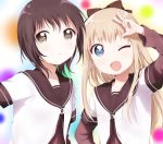  2girls ;d absurdres blonde_hair blue_eyes bow brown_eyes brown_hair funami_yui hair_bow highres looking_at_viewer multiple_girls one_eye_closed open_mouth school_uniform serafuku short_hair smile taka-chan toshinou_kyouko v w yuru_yuri 