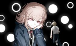  1boy 1girl ahoge breasts brown_hair collared_shirt commentary_request danganronpa_(series) danganronpa_2:_goodbye_despair flipped_hair giant giantess hair_ornament highres jacket kmnm_1403 long_sleeves medium_hair nanami_chiaki neck_ribbon open_clothes open_jacket pink_eyes pink_ribbon ribbon running shirt white_shirt 