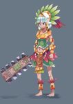  1girl adapted_costume alternate_costume alternate_skin_color anklet armlet aztec barefoot blue_eyes bob_cut bracelet cookie_(touhou) expressionless feet full_body green_topwear grey_background headdress jewelry konpaku_youmu macuahuitl midriff navel necklace shirt short_hair simple_background skirt solo sword tan touhou tribal warrior weapon white_hair wristband yoshinaga_p 