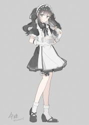  absurdres alternate_costume apron artist_name black_choker black_dress black_hair black_shoes bowl choker commentary dress frilled_hairband frilled_thigh_strap frilled_wrist_cuffs frills grey_background grey_eyes hairband highres holding holding_bowl holding_whisk kurobe_nanoka long_hair looking_at_viewer mahou_shoujo_no_majo_saiban maid maid_headdress sanlao1207 shoes signature simple_background socks thigh_strap twintails untranslatable_commentary whisk white_hairband white_socks white_wrist_cuffs wrist_cuffs 