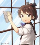  1girl blouse bottle brown_eyes brown_hair cleaning hair_ribbon high_ponytail kantai_collection looking_at_viewer maruki_(punchiki) open_mouth ponytail ribbon sailor_collar shikinami_(kantai_collection) sleeves_folded_up solo spray_bottle twitter_username window wiping 