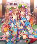  2girls brown_hair japanese_clothes kimono long_hair multiple_girls official_art red_eyes senjou_no_electro_girl shina_shina 