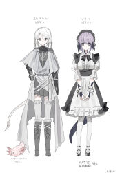  2girls absurdres apron armored_boots au_ra axolotl black_shoes black_skirt boots breasts brown_eyes center_frills chihuri closed_mouth commentary_request dragon_girl dragon_horns dragon_tail final_fantasy final_fantasy_xiv frills grey_boots grey_hair grey_shirt grey_skirt grey_thighhighs hair_between_eyes highres horns knee_boots maid maid_headdress medium_breasts multiple_girls pantyhose pleated_skirt puffy_short_sleeves puffy_sleeves purple_hair scales shirt shoes short_sleeves signature simple_background skirt standing tail thigh-highs thighhighs_under_boots translation_request violet_eyes waist_apron warrior_of_light_(ff14) white_apron white_background white_pantyhose white_shirt 