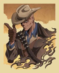  1boy artist_name bandolier belt brown_gloves bullet cheekbones commentary cowboy_hat cropped_torso english_commentary fallout fallout_(prime_video) ghoul_(fallout) gloves hat highres male_focus missing_nose otagothic smile solo the_ghoul_(fallout_tv_series) tilted_headwear upper_body watermark 