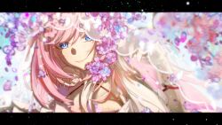  1girl blue_eyes breasts chinese_commentary commentary_request elysia_(honkai_impact) highres honkai_(series) honkai_impact_3rd long_hair looking_at_viewer otwd_2d pink_hair pink_pupils see-through_clothes see-through_veil smile solo upper_body veil very_long_hair white_veil 