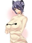  1girl alternate_costume baymax big_hero_6 breast_hold breasts crossed_arms hair_between_eyes highres kantai_collection large_breasts looking_at_viewer parted_lips purple_hair short_hair solo telescopic tenryuu_(kantai_collection) turtleneck white_sweater yellow_eyes 