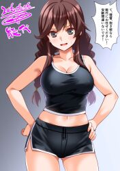  1girl alternate_costume ass_visible_through_thighs black_shorts black_tank_top braid breasts brown_eyes brown_hair character_name commentary_request contrapposto dated dolphin_shorts engo_(aquawatery) gradient_background grey_background hand_on_own_hip kantai_collection large_breasts long_hair low_twin_braids low_twintails navel noshiro_(kancolle) one-hour_drawing_challenge shorts solo tank_top twin_braids twintails 