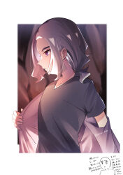 1boy absurdres amethio_(pokemon) black_shirt bright_pupils commentary_request cropped_torso dressing from_side highres jacket male_focus mikan_bako off_shoulder parted_lips pokemon pokemon_(anime) pokemon_horizons shirt short_sleeves sidelocks solo translation_request upper_body violet_eyes white_pupils 