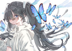  1girl absurdres black_gloves black_hair blue_butterfly blue_eyes bug butterfly commentary crop_top from_side gloves hair_between_eyes hand_up highres jacket komi_eshi looking_at_viewer original paint_splatter shirt twintails white_background white_jacket white_shirt 