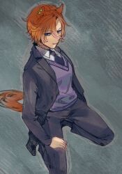  1girl alternate_costume androgynous animal_ears black_coat black_necktie black_pants brown_hair closed_mouth coat collared_shirt commentary dungeonbgm earrings english_commentary hair_between_eyes hand_on_own_leg hand_rest highres horse_ears horse_girl horse_tail jewelry legs_apart long_sleeves looking_at_viewer necktie open_clothes open_coat pants purple_sweater_vest shirt short_hair smile solo squatting sweater_vest t.m._opera_o_(umamusume) tail twisted_torso umamusume violet_eyes white_shirt wing_collar 