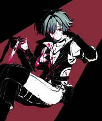  1boy absurdres ahoge belt belt_collar black_background black_belt black_gloves blood blood_in_hair blood_on_clothes blood_on_face blood_on_hand blood_on_weapon boots buttons choker collar collarbone collared_shirt crossed_legs dagger fingerless_gloves genshin_impact gloves green_hair hair_between_eyes hair_intakes hand_on_own_face hand_up hcl_zz highres holding holding_dagger holding_knife holding_weapon knife lapels light_smile lohen_(genshin_impact) lohen_(standardized_test)_(genshin_impact) looking_at_viewer male_focus mole mole_under_eye multicolored_eyes official_alternate_costume open_collar pants pinstripe_pattern pinstripe_vest pocket shadow shirt short_hair sitting solo vest waistcoat weapon white_background white_pants white_shirt 