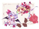  2girls ascot bat_wings blonde_hair blue_hair brooch chibi cup dress flandre_scarlet flower flying frame hat hat_removed headwear_removed jewelry mikazuki_sara mob_cap multiple_girls puffy_short_sleeves puffy_sleeves red_eyes red_rose remilia_scarlet rose sash shirt short_sleeves siblings side_ponytail sisters skirt skirt_set teacup touhou vest white_dress wings wrist_cuffs 