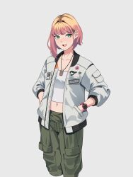  1girl :d absurdres ace_combat ace_combat_8 blonde_hair breasts cargo_pants commentary cropped_legs gar32 green_eyes green_pants grey_background grey_jacket hands_in_pockets highres jacket medium_hair midriff navel open_clothes open_jacket open_mouth pants pink_hair shirt simple_background small_breasts smile solo tasha_(ace_combat) white_shirt 