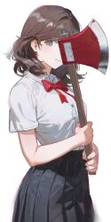  1girl absurdres axe black_skirt blush bow breasts brown_eyes brown_hair closed_mouth collared_shirt commentary cowboy_shot ddal highres holding holding_axe long_hair looking_at_viewer medium_breasts one_eye_covered original pleated_skirt red_bow school_uniform shirt simple_background skirt smile solo standing untranslatable_commentary white_background white_shirt 