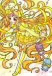  1girl absurdly_long_hair boots bow brooch bubble_skirt choker circlet cure_muse_(yellow) eyelashes fairy_tone frills hair_ribbon heart high_heels jewelry knee_boots long_hair long_sleeves looking_at_viewer magical_girl musical_note open_mouth orange_hair precure red_eyes ribbon sayococco shirabe_ako skirt smile solo suite_precure very_long_hair yellow_boots 