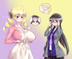  ... 2girls akemi_homura alternate_breast_size bespectacled black_hair blonde_hair blush breast_envy breast_hold breasts drill_hair evuoaniramu glasses hair_ornament hairband hairpin highres huge_breasts long_hair mahou_shoujo_madoka_magica multiple_girls open_mouth personality_switch short_hair smile tomoe_mami twin_drills twintails violet_eyes yellow_eyes 