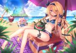  1girl :3 beach bikini blonde_hair blue_eyes blue_sky blush bracelet food fruit hairband jewelry ocean palm_tree pandora_(p&amp;d) puzzle_&amp;_dragons shennai_misha sitting sky swimsuit tree watermelon 