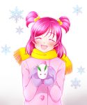  1girl blush closed_eyes kagami_chihiro mittens open_mouth pink_hair precure scarf short_hair simple_background smile snowflakes solo twintails winter winter_clothes yes!_precure_5 yes!_precure_5_gogo! yumehara_nozomi 