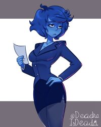  1girl absurdres blue_eyes blue_skin blue_skirt blue_thighhighs breasts buttons collarbone colored_skin deadraisdead frown hand_on_own_hip highres holding holding_paper jacket lapis_lazuli_(steven_universe) letterboxed limited_palette looking_to_the_side medium_breasts miniskirt office_lady outside_border paper pencil_skirt shirt shirt_peek short_hair side_slit skirt solo steven_universe suit_jacket thigh-highs thigh_peek twitter_username unamused white_background white_shirt 