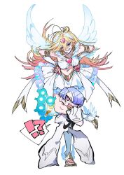  1boy 1girl angel blonde_hair blue_eyes cousins curtained_hair dress earrings gradient_hair highres jewelry jumpsuit multicolored_hair panty_&amp;_stocking_with_garterbelt panty_(psg) pfziki pink_hair polyester_(psg) purple_hair red_eyes skirt white_jumpsuit 
