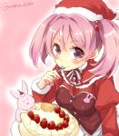  1girl blush cake food fruit hair_bobbles hair_ornament hat kantai_collection maruki_(punchiki) pink_background pink_hair santa_costume santa_hat sazanami_(kantai_collection) solo strawberry twitter_username 