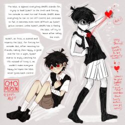 2boys alternate_eye_color antenna_hair arrow_(symbol) artist_name bandaged_arm bandages black_eyes black_hair black_shoes black_socks black_sweater_vest black_tank_top blush brown_shorts closed_mouth collarbone collared_shirt commentary deltarune double-parted_bangs dual_persona english_commentary english_text expressionless flying_sweatdrops hair_between_eyes highres invisible_floor kneehighs male_focus multiple_boys omori omori_(omori) otomerson red_eyes red_pupils red_soul_(utdr) shirt shoes short_sleeves shorts sitting socks soul_(utdr) speech_bubble standing striped_clothes striped_shorts sunny_(omori) sweater_vest tank_top utdr_(toby_fox) vertical-striped_clothes vertical-striped_shorts white_shirt white_shorts white_socks 