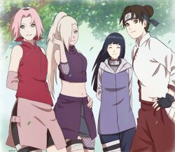  4girls arms_behind_back bare_shoulders black_gloves black_shorts blonde_hair breasts brown_eyes brown_hair closed_eyes closed_mouth double_bun facing_viewer falling_leaves fingerless_gloves forehead_protector gloves green_eyes hair_bun hair_over_one_eye haruno_sakura highres hood hood_down hoodie hyuuga_hinata konohagakure_symbol leaf long_hair looking_at_viewer medium_breasts midriff multiple_girls naruto_(series) naruto_shippuuden navel open_mouth pants pink_hair ponytail purple_hair purple_hoodie purple_pants red_pants red_shirt shirt short_hair shorts skirt sleeveless sleeveless_shirt small_breasts smile tenten_(naruto) tree weibinln white_shirt yamanaka_ino 