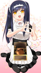  1girl :d absurdres apron black_dress black_hair black_shoes black_thighhighs blush bone_hair_ornament chocolate commentary dress eyes_visible_through_hair four-finger_heart_hands frilled_apron frills full_body gradient_background hair_between_eyes hair_ornament hair_scrunchie hands_up happy heart heart_background heart_hands highres kushima_kamome long_hair maid maid_apron maid_headdress mary_janes neck_ribbon official_alternate_costume official_alternate_hairstyle open_mouth pink_background puffy_short_sleeves puffy_sleeves red_ribbon ribbon ringed_eyes scrunchie shoes short_sleeves sidelocks simple_background sitting skull_and_crossbones skull_hair_ornament smile solo sparkle straight_hair summer_pockets t_kutkut teeth thigh-highs treasure_chest twintails upper_teeth_only valentine very_long_hair wariza white_apron white_background white_scrunchie yellow_eyes yellow_pupils 