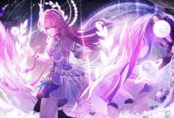  1girl absurdres bare_shoulders breasts chinese_commentary commentary_request cyrene_(demiurge)_(honkai:_star_rail) cyrene_(honkai:_star_rail) diamond-shaped_pupils diamond_(shape) dress flower from_side hair_flower hair_intakes hair_ornament halo halo_behind_head highres honkai:_star_rail honkai_(series) layered_dress long_hair looking_at_viewer multicolored_dress multicolored_hair pink_hair planet planetary_ring pointy_ears ribbon short_sleeves sitting sky smile solo space star_(sky) starry_sky symbol-shaped_pupils very_long_hair violet_eyes white_dress white_hair wrist_ribbon xhs_xyu 