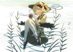  1girl absurdres black_hat black_shoes bow buttons collared_shirt commentary crying crying_with_eyes_open diamond_button disembodied_linked_eye eyeball frilled_shirt_collar frilled_sleeves frills green_eyes green_hair green_skirt hat hat_bow highres komeiji_koishi mary_janes plant shirt shoes skirt solo tears touhou tuck_(tuck23978434) underwater water wide_sleeves yellow_bow yellow_shirt 