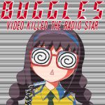  1girl @_@ akemi_homura album_cover braid bust coke-bottle_glasses cover english face glasses hairband looking_at_viewer mahou_shoujo_madoka_magica microphone necktie open_mouth parody red-framed_glasses shingyouji_tatsuya solo spiral the_buggles triangle_mouth twin_braids video_killed_the_radio_star 