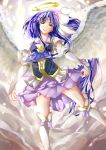  1girl angel_wings arm_warmers cure_fortune earrings feathered_wings hair_ornament halo happinesscharge_precure! heart_hair_ornament highres hikawa_iona jewelry long_hair magical_girl ponytail precure purple_hair short_sleeves skirt smile solo thigh-highs violet_eyes white_legwear wings yuutarou_(fukiiincho) zettai_ryouiki 