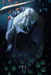 1girl awoito_(tsurubami_jiguro) black_dress blonde_hair blue_eyes blue_flower blue_rose commentary_request dress flower frilled_dress frills full_body green_flower highres holding holding_flower ib_(kouri) juliet_sleeves long_hair long_sleeves looking_at_viewer mary_(ib) petals puffy_sleeves red_flower red_rose rose solo thorns 
