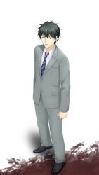  1boy black_hair blood blood_on_ground blue_necktie breast_pocket chaos;child collared_shirt commentary_request dress_shirt full_body grey_eyes grey_jacket grey_pants highres jacket male_focus necktie open_mouth otsukanolich pants pocket science_adventure shinjo_takeshi shirt short_hair simple_background solo striped_clothes striped_necktie suit suit_jacket tongue white_shirt 