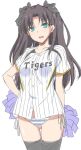  artist_request bangs baseball_jersey black_hair black_legwear blue_eyes blue_panties bow collarbone fate/stay_night fate_(series) hair_bow hair_ornament hair_ribbon long_hair open_mouth panties parted_bangs pom_poms ribbon side-tie_panties simple_background sketch smile solo striped striped_panties thighhighs toosaka_rin twintails underwear white_background 