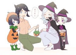  1boy 3girls :d aged_down amethio_(pokemon) black_cape black_hair blue_eyes bright_pupils cape closed_eyes collared_shirt commentary_request cowlick dress earrings green_pants green_shoes grey_dress halloween halloween_bucket halloween_costume hat high_heels highres holding holding_halloween_bucket jewelry liko_(pokemon) lucca_(pokemon) maria_(pokemon) mikan_bako mother_and_child mother_and_daughter mother_and_son multiple_girls on_one_knee open_mouth pants parent_and_child pink_shirt pokemon pokemon_(anime) pokemon_horizons shared_speech_bubble shirt shoes short_hair smile speech_bubble squatting standing symbol-shaped_pupils translation_request triangle-shaped_pupils violet_eyes white_pupils white_shoes witch_hat 