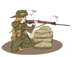  1girl absurdres ammunition_pouch bayonet blonde_hair blue_eyes bolt_action boots commentary_request commission danmug58 firing gun hat highres korean_commentary load_bearing_vest military original pouch rifle sandbag squatting weapon 