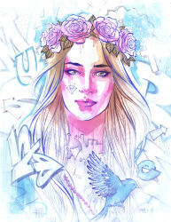  1girl bird blonde_hair blue_bird brown_eyes cheek_tattoo fezat flower gem_tattoo graffiti hair_flower hair_ornament long_hair looking_at_viewer original pink_flower pink_rose rose solo tattoo 