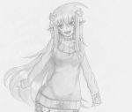  1girl :d breasts choker cowboy_shot fang greyscale hair_ornament hairclip k4t4n4art lamia long_hair long_sleeves miia_(monster_musume) monochrome monster_girl monster_musume_no_iru_nichijou open_mouth pointy_ears scales sketch smile solo sweater traditional_media very_long_hair 