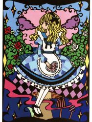  1girl alice's_adventures_in_wonderland alice_(alice_in_wonderland) apron back_bow black_bow black_hairband black_ribbon black_shoes blonde_hair blue_bow blue_dress blue_sky bow bush chest_ribbon clouds commentary_request dress flower footwear_bow frilled_dress frills full_body hair_bow hairband heart high_heels holding holding_heart juliet_sleeves long_hair long_sidelocks long_sleeves looking_ahead paper_cutout_(medium) papercraft_(medium) pillarboxed print_dress profile puffy_sleeves pumps red_flower red_rose ribbon rose sae_1227 shoes sidelocks sky solo standing strappy_heels unconventional_media white_apron white_flower white_rose 