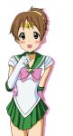  1girl bishoujo_senshi_sailor_moon brown_eyes brown_hair cosplay highres hirasawa_ui k-on! maabe sailor_jupiter sailor_jupiter_(cosplay) short_hair trait_connection 