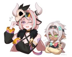  2girls absurdres ahoge animal_ears animal_skull bandaid bandaid_on_face bandaid_on_nose bare_shoulders breasts cosplay cow_ears cow_girl cow_horns cropped_torso crossed_arms crossed_bandaids dark-skinned_female dark_skin detached_sleeves earrings fukami_nau genshin_impact green_eyes grey_hair hair_between_eyes headband highres horns iansan_(genshin_impact) iansan_(genshin_impact)_(cosplay) jewelry long_hair looking_at_viewer medium_breasts multicolored_hair multiple_girls one_eye_closed open_mouth pink_hair pointy_ears smile streaked_hair varesa_(genshin_impact) varesa_(genshin_impact)_(cosplay) yellow_sleeves 